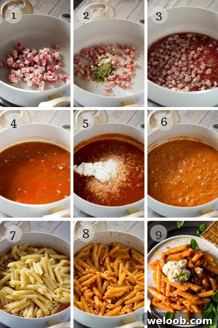 step by step photos for making pasta with pancetta, ricotta and tomato