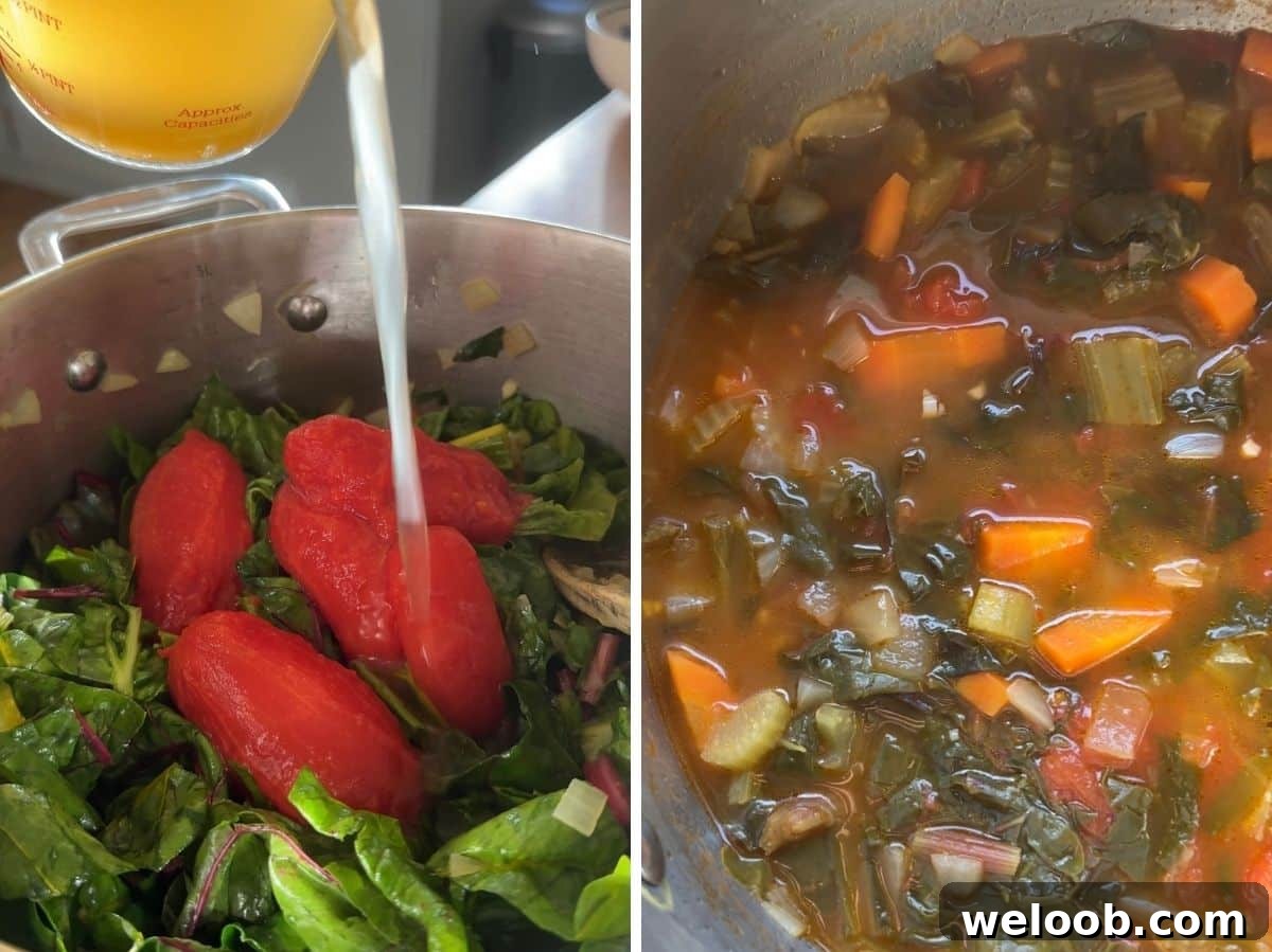 Two photos in a collage showing chard, tomatoes and stock added to a pot and how it looks after cooking.