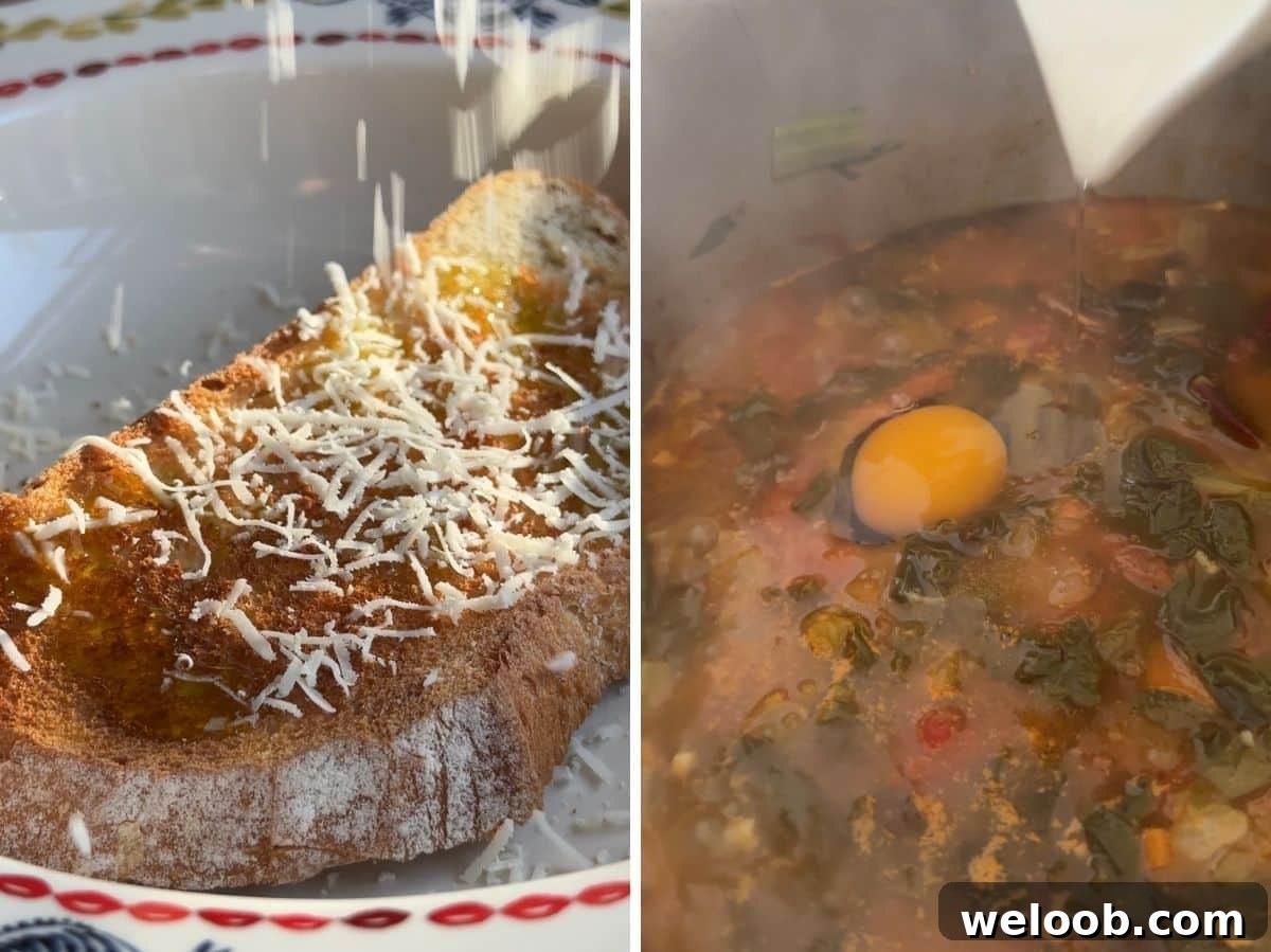 Two photos in a collage showing adding grated cheese to toasted bread in a bowl and poaching an egg in soup.