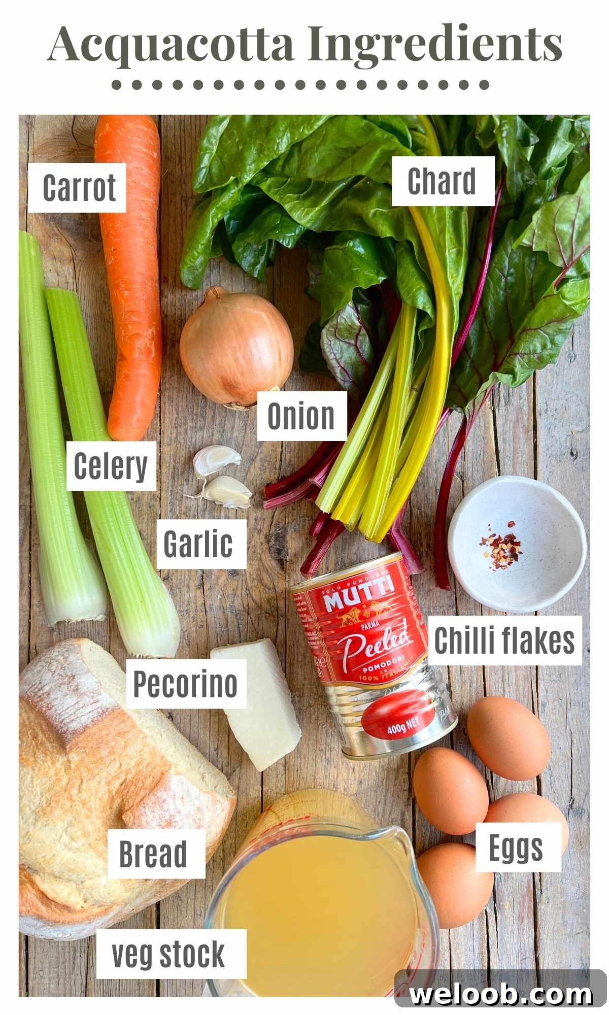 An overhead shot of all the ingredients needed to make a Tuscan Acquacotta soup.