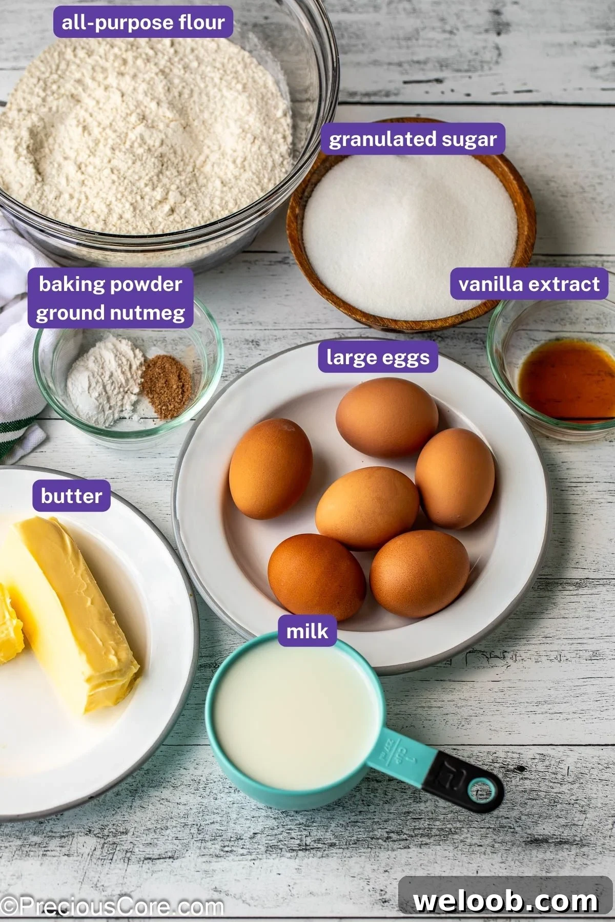 Plain cake recipe ingredients with labels on them.