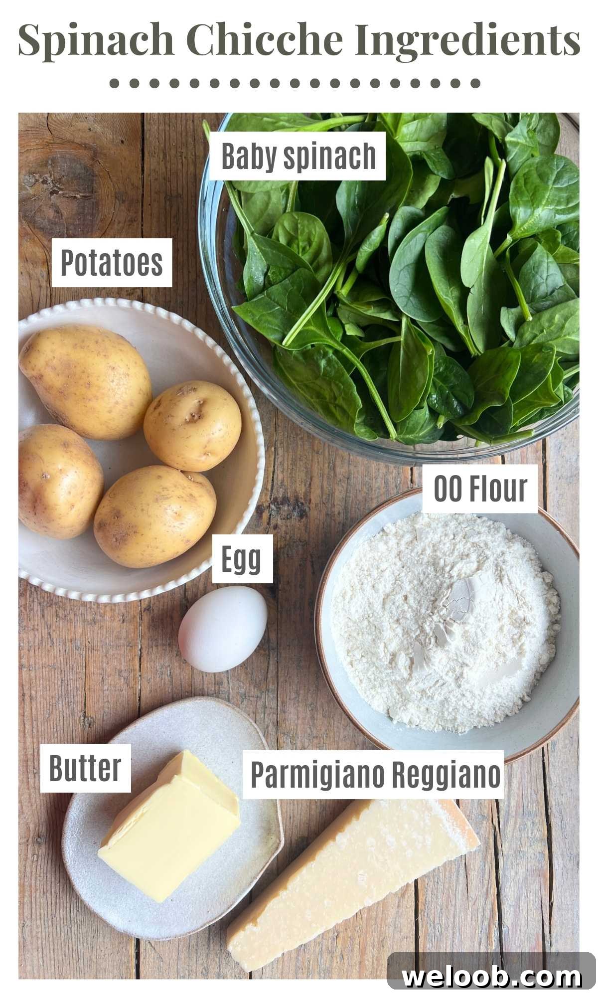 An overhead shot of all the ingredients needed to make mini spinach gnocchi (chicche) with a parmigiano butter sauce.