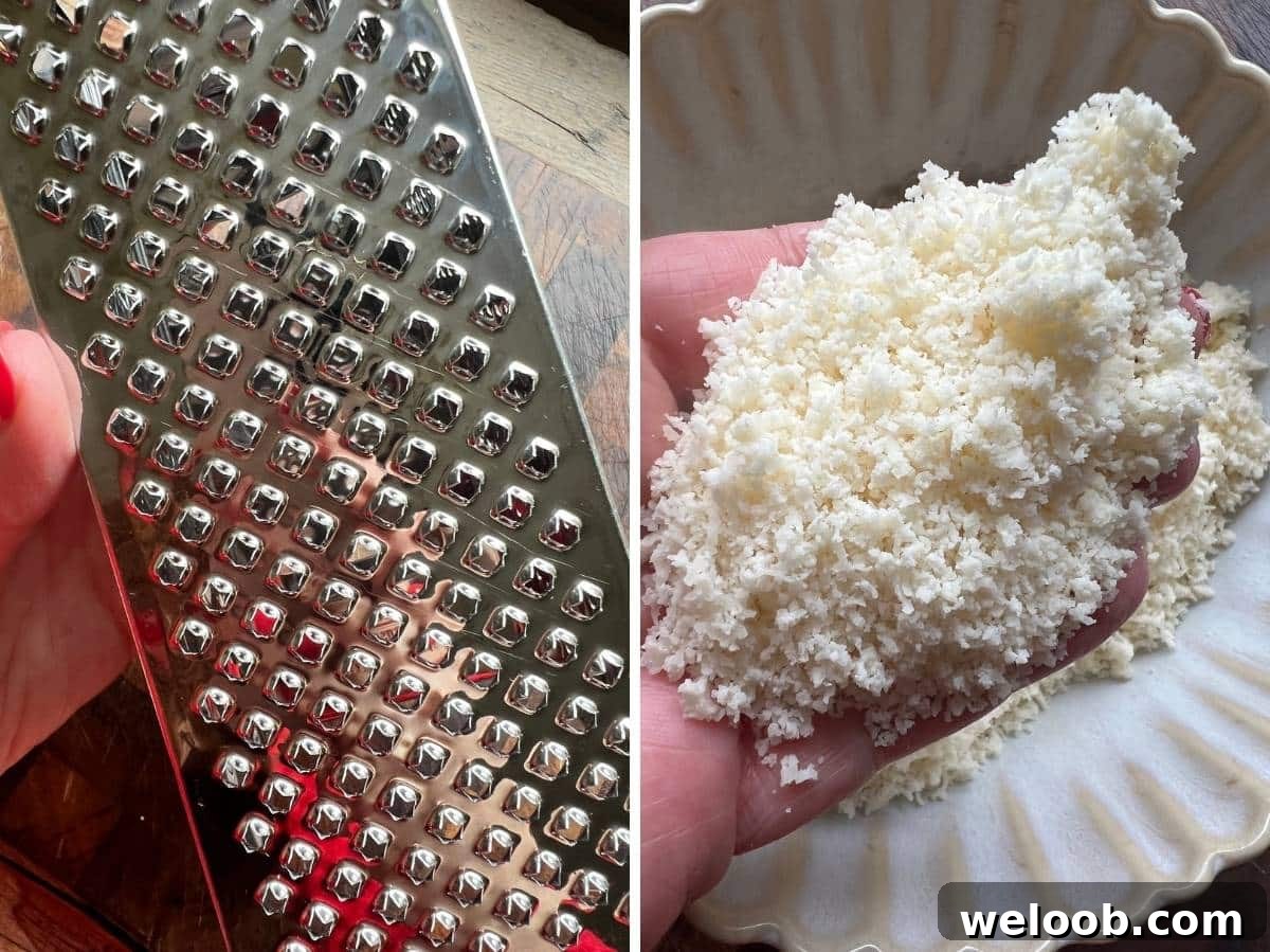 Two photos showing what side of a grater to use to finely grate Parmigiano cheese.