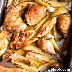 A close up cropped image of roasted chicken and potatoes in a baking tray.