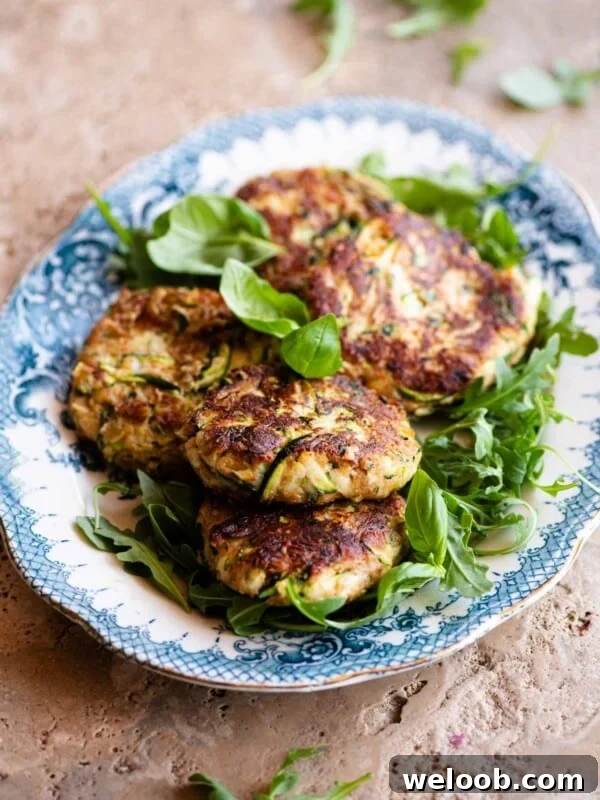 Five zucchini cakes (patties) sitting on top of arugula on a blue and white vintage style serving platter sitting on a travertine surface.