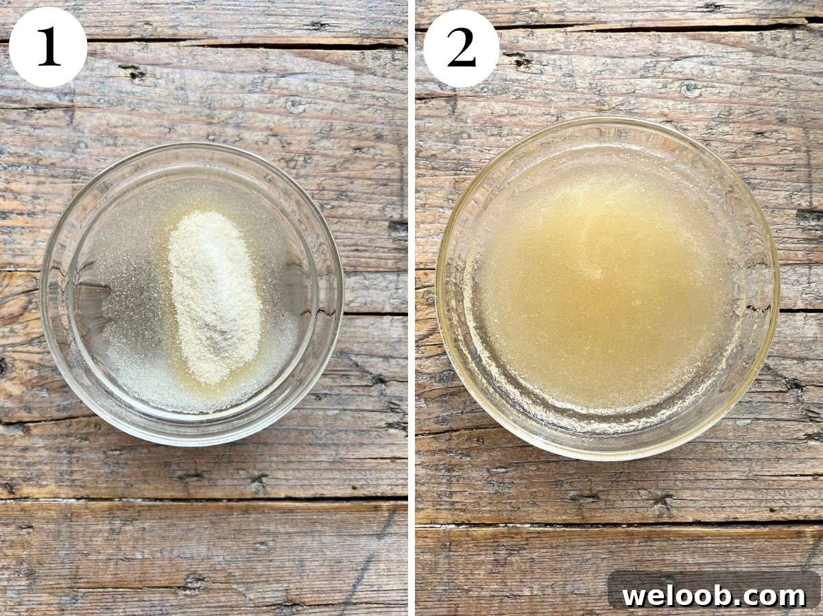 Two photos showing how to bloom gelatine.