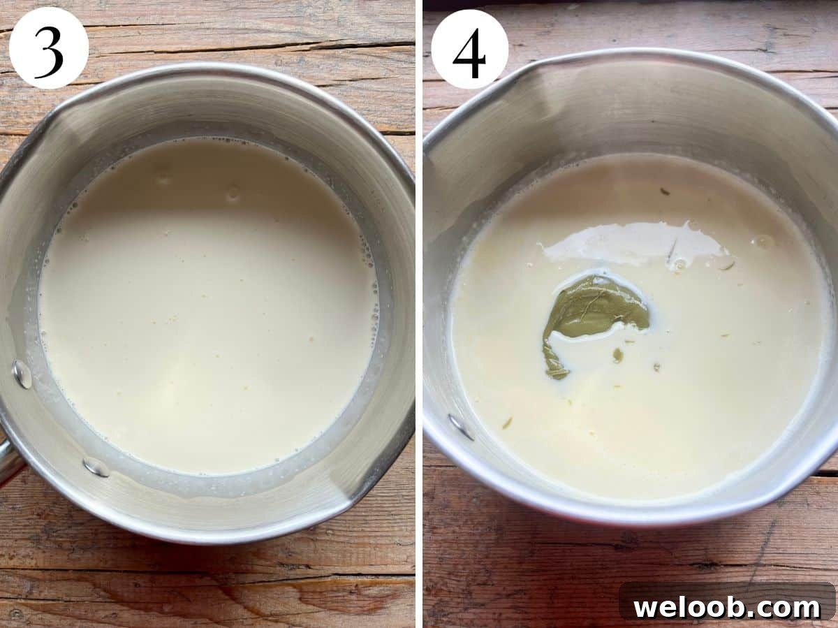 Two photos showing milk, cream and sugar in a saucepan with pistachio cream added.