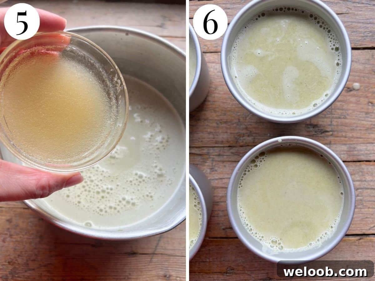 Two photos showing adding gelatine to panna cotta then pouring into moulds.