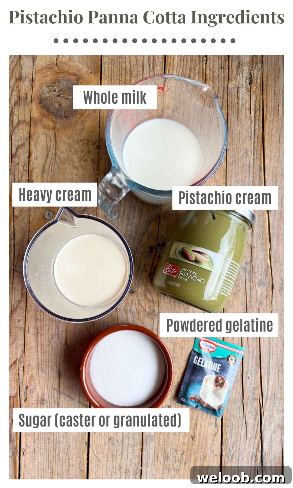An overhead shot of all the ingredients needed to make pistachio panna cotta. The text labels read: Pistachio cream, heavy cream, whole milk, caster or granulated sugar and powdered gelatine.
