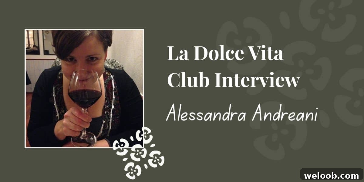A graphic for la Dolce Vita Club Interview with a headshot of an Italian women holding a glass of wine over her face and smiling.