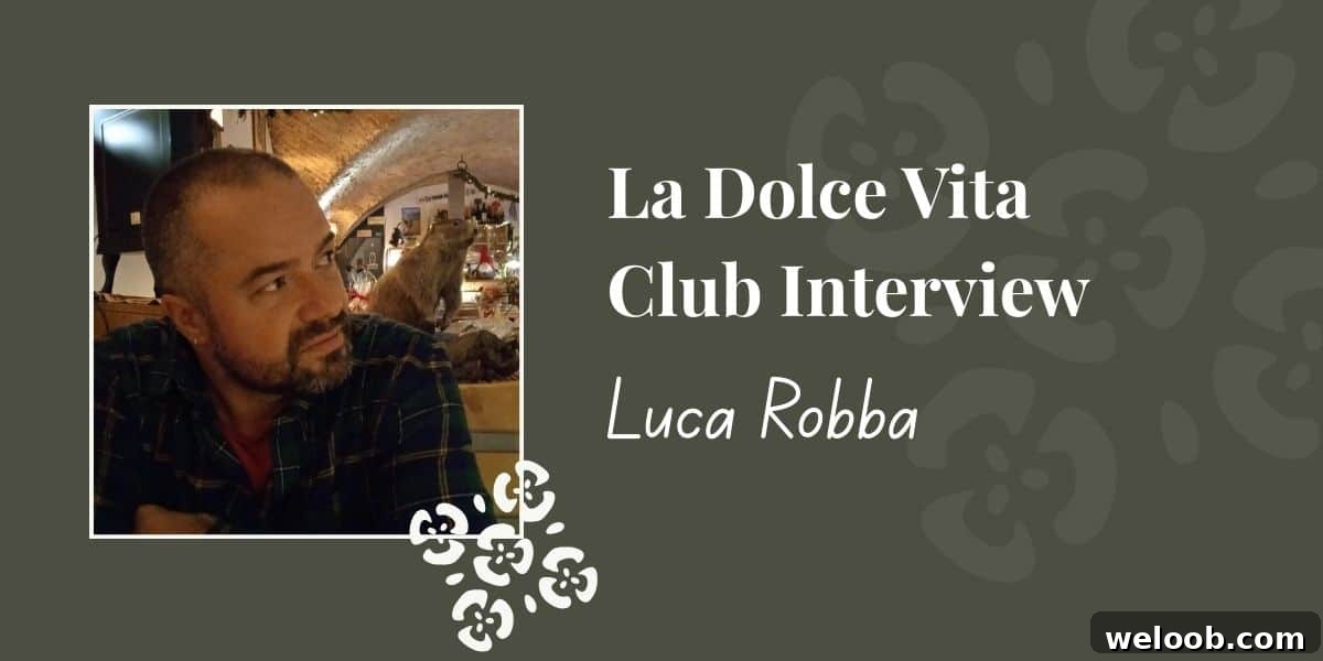 A graphic for la Dolce Vita Club Interview with a headshot of an Italian man sitting at a restaurant table.