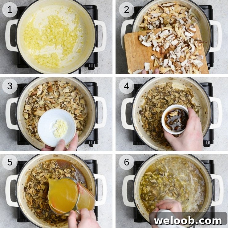 Step by step photos for making creamy mushroom soup