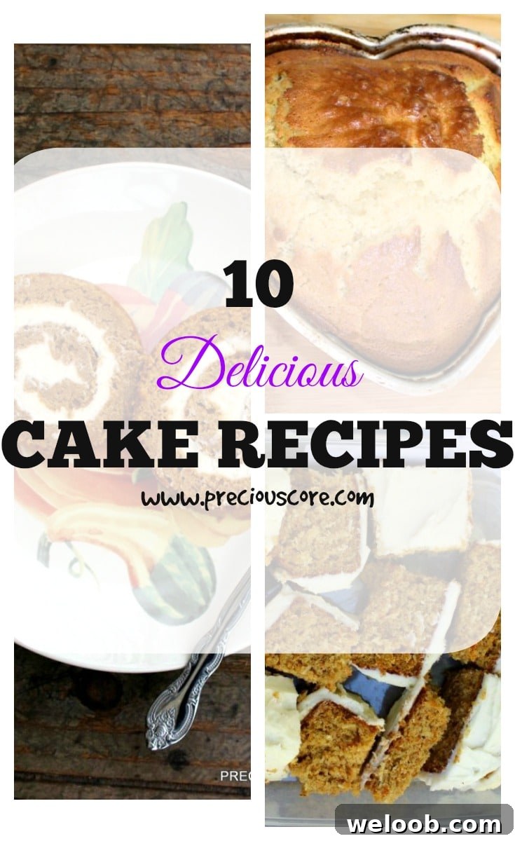 Collage with text \"10 Delicious Cake Recipes.\"