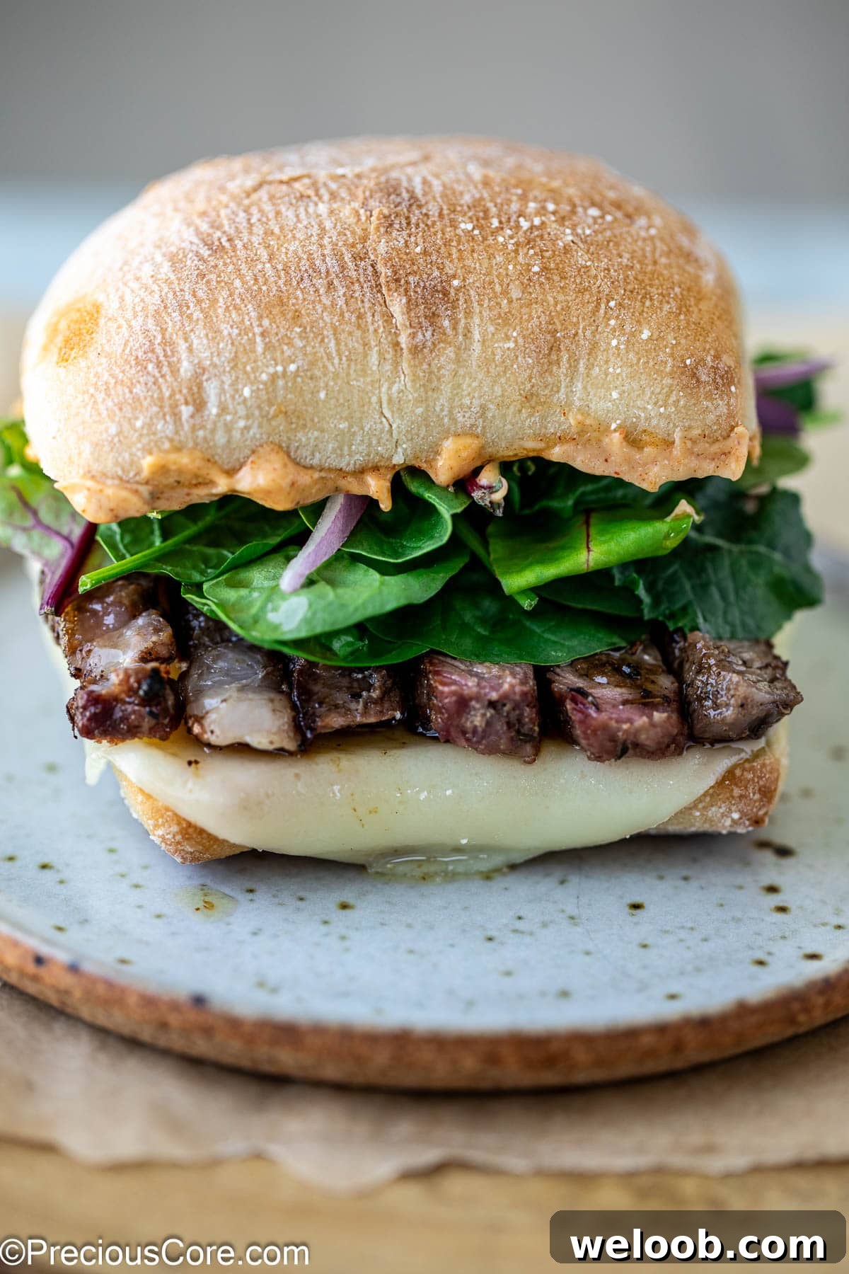 Ribeye Steak Sandwich with greens and onions.
