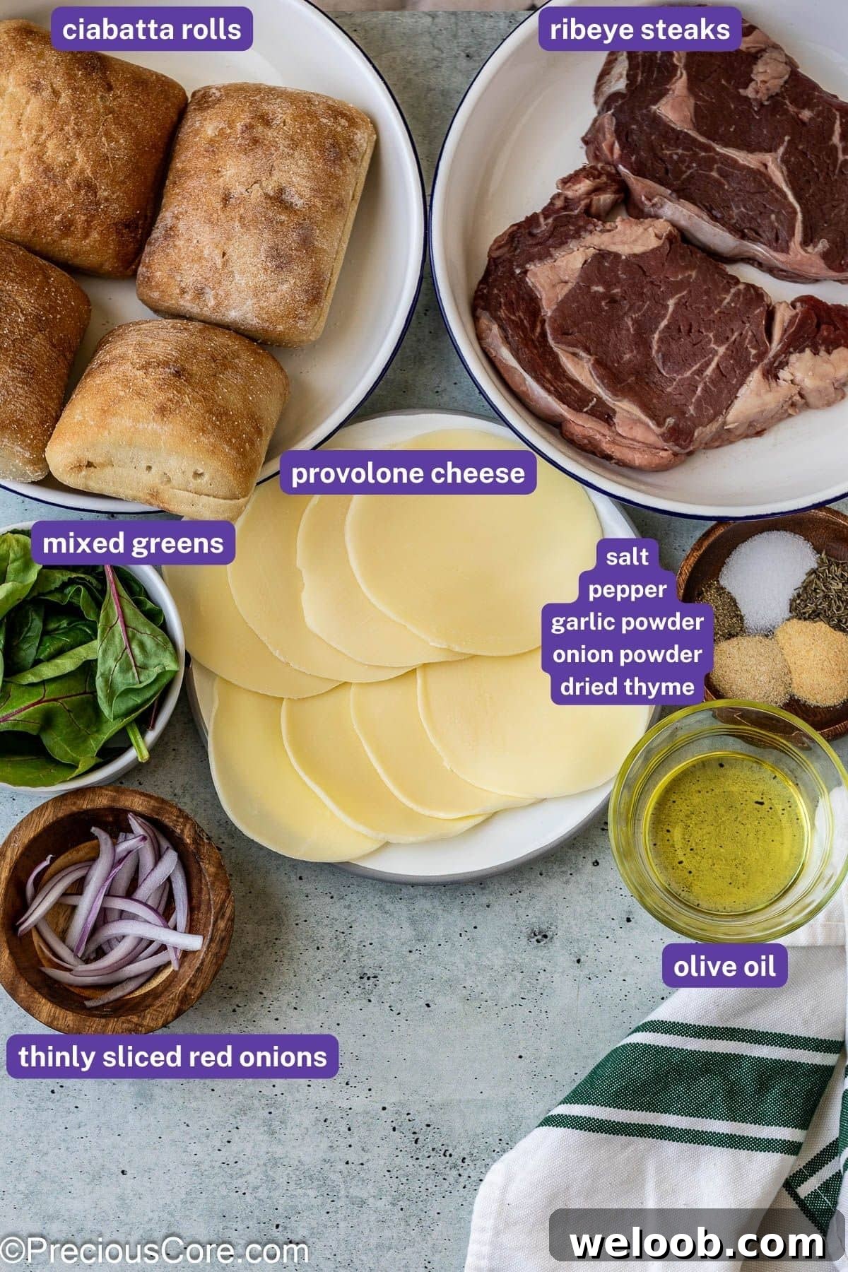 Ingredients needed for steak sandwiches.