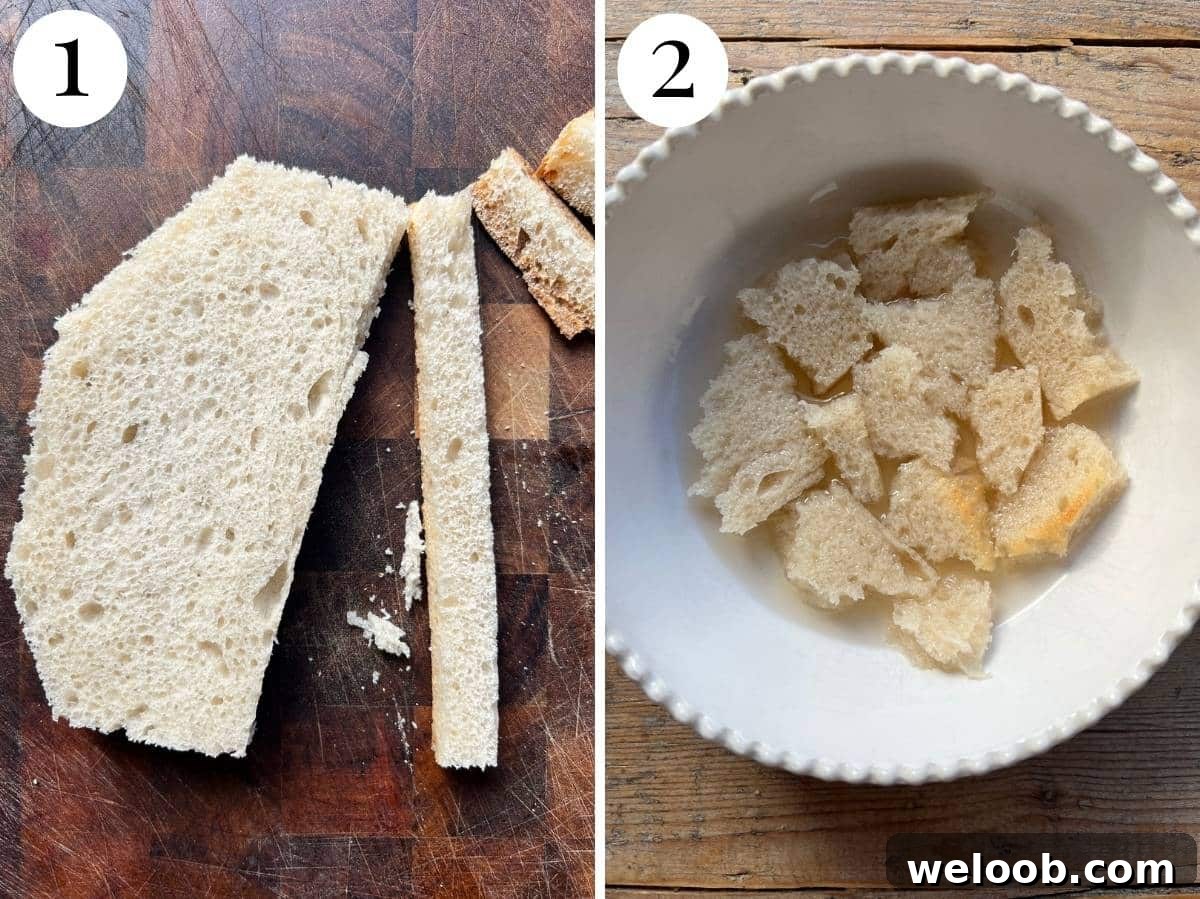 Two photos showing the stale bread getting the crusts removed then being soaked in vinegar.