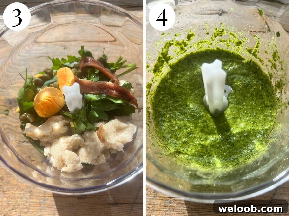Two photos showing the before and after of blitzing the salsa verde.