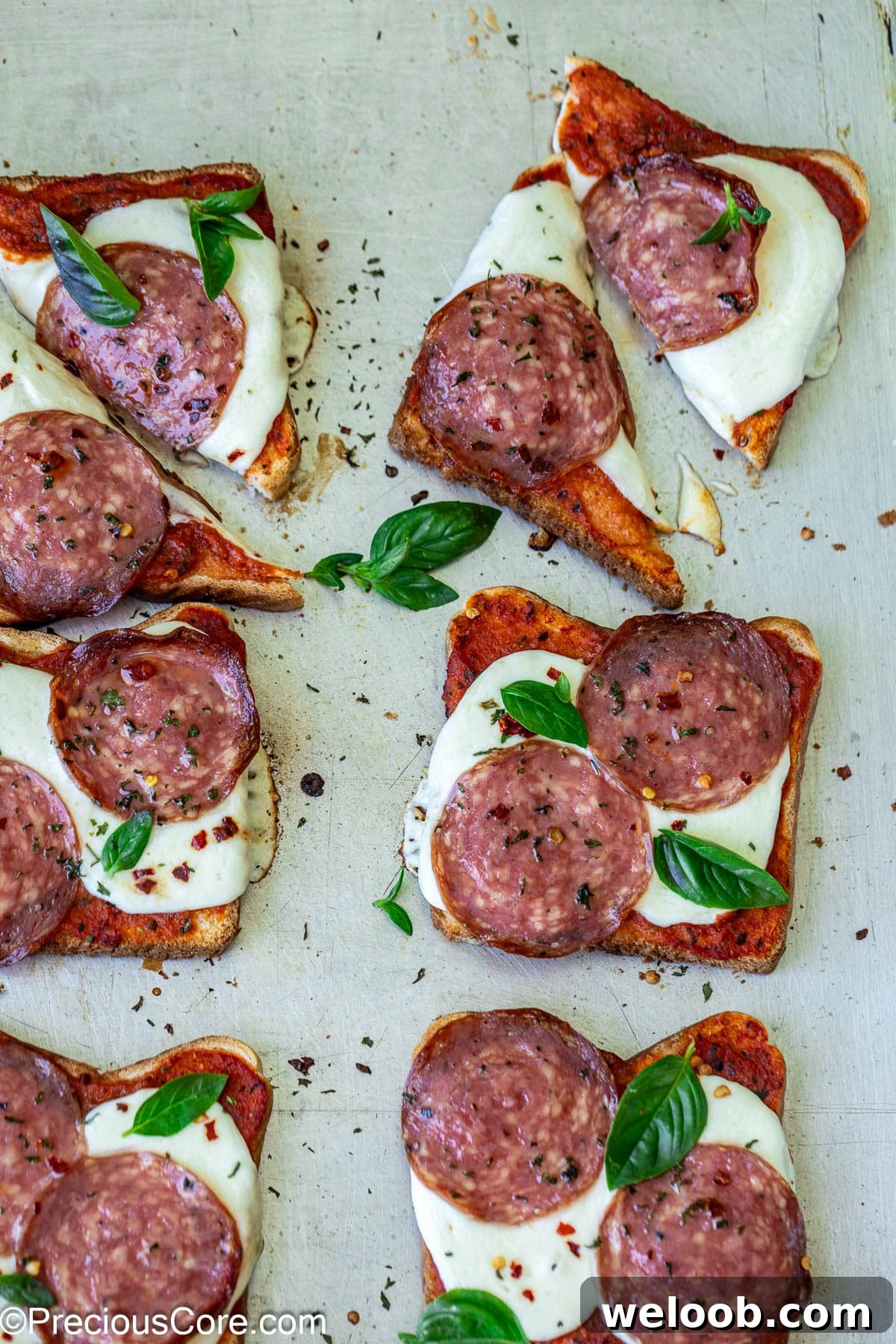 Pizza toast garnished with fresh basil.