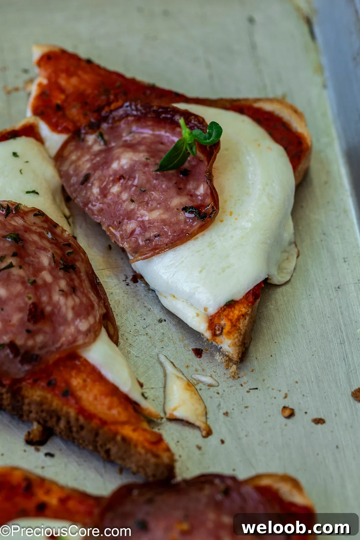 Close-up of a triangle of pizza toast.