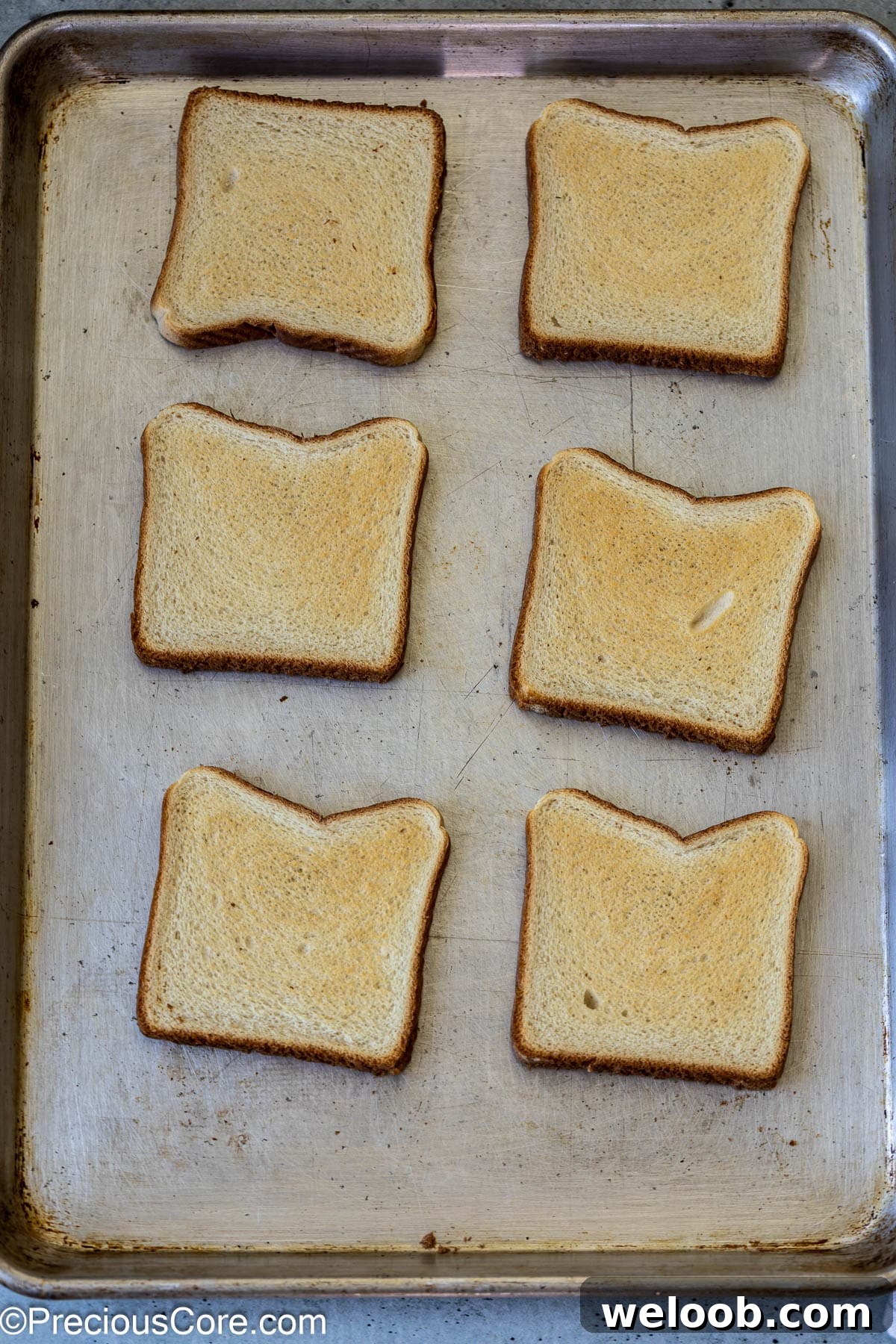 Toasted bread on baking sheet.