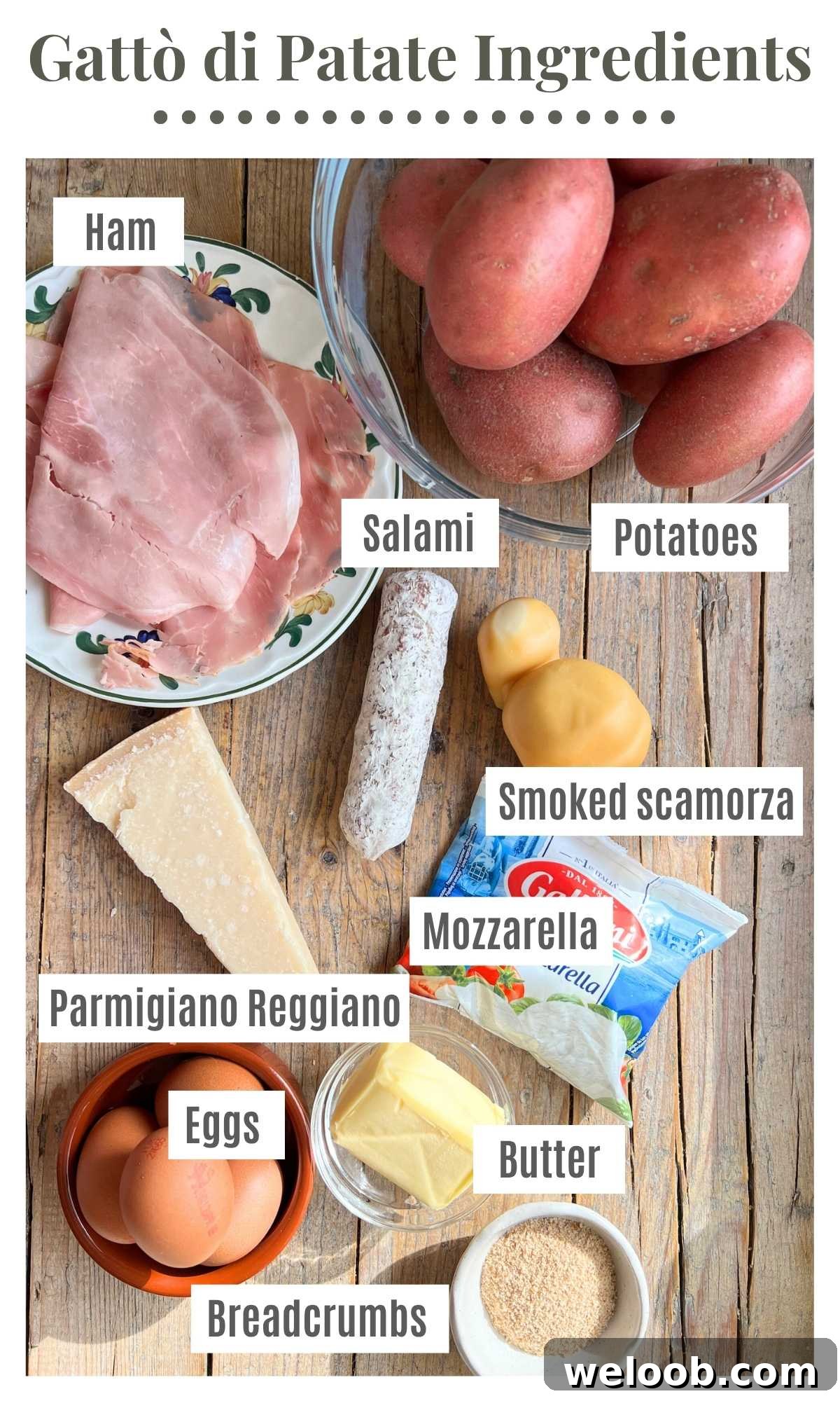 An overhead shot of all the ingredients needed to make Neapolitan Gatto di patate on a rustic wooden surface.