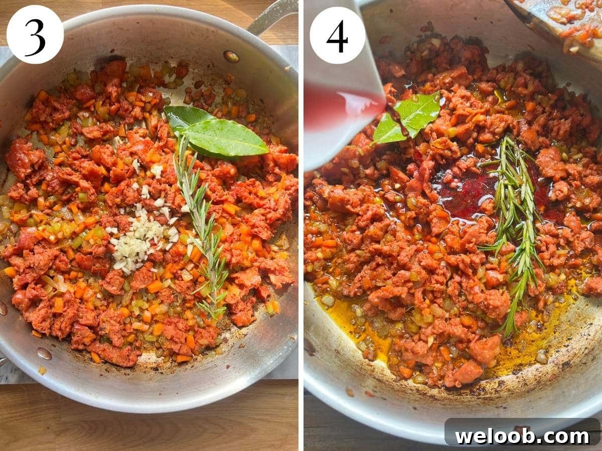 Two photos in a collage showing garlic and herbs being added to a ragu then wine.