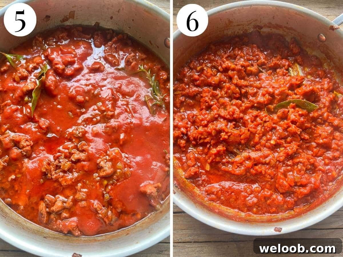 Two photos showing before and after simmering the ragu.