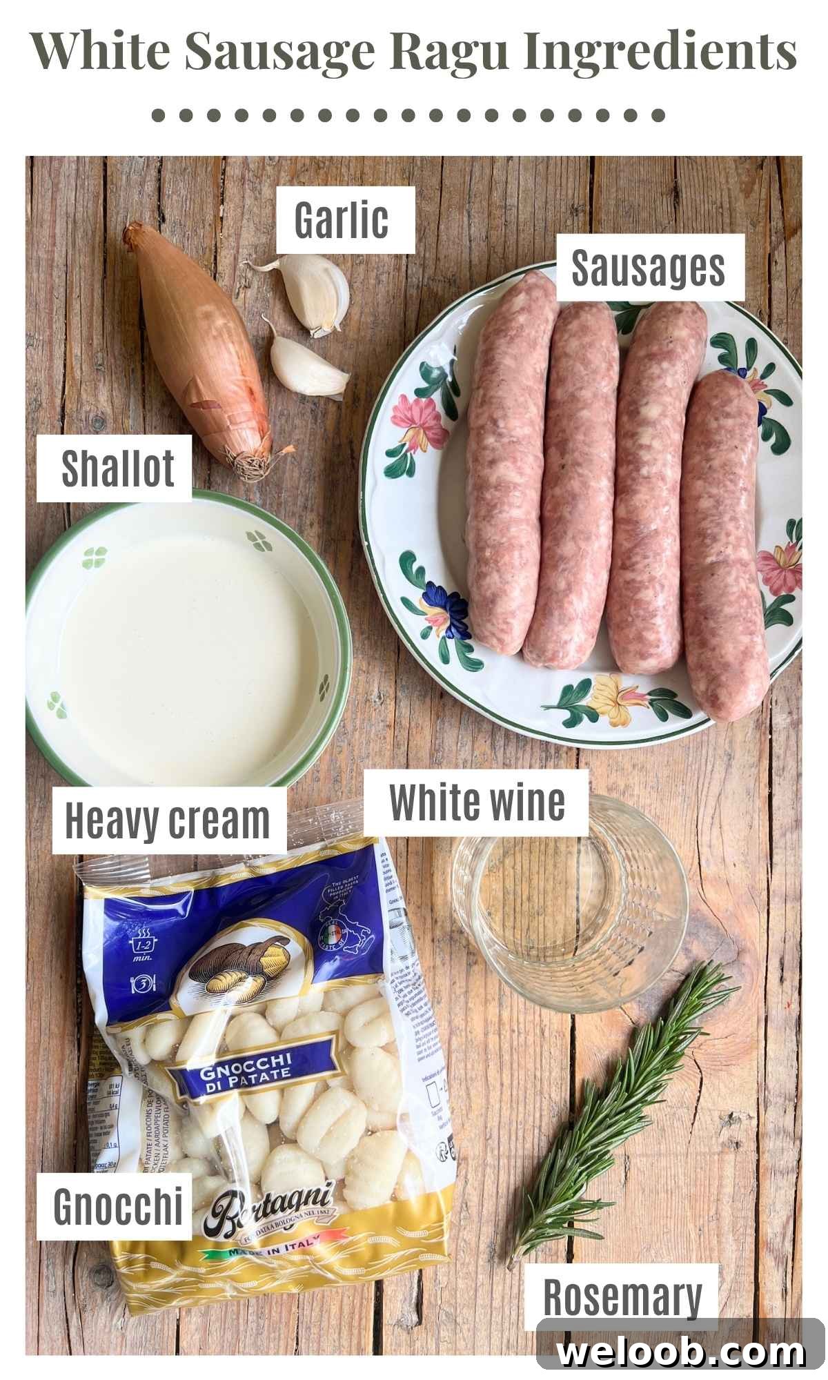 Creamy Sausage Ragu Gnocchi Recipe for Comfort Dinner 3 An overhead shot of all the ingredients needed to make gnocchi with a creamy white sausage ragu sitting on a wooden surface.