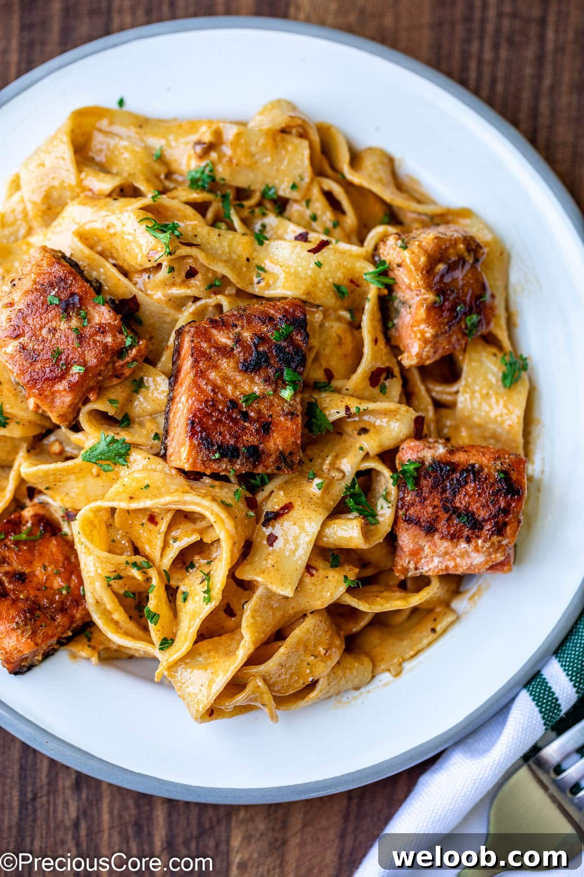 Plated Cajun Pasta With Salmon.