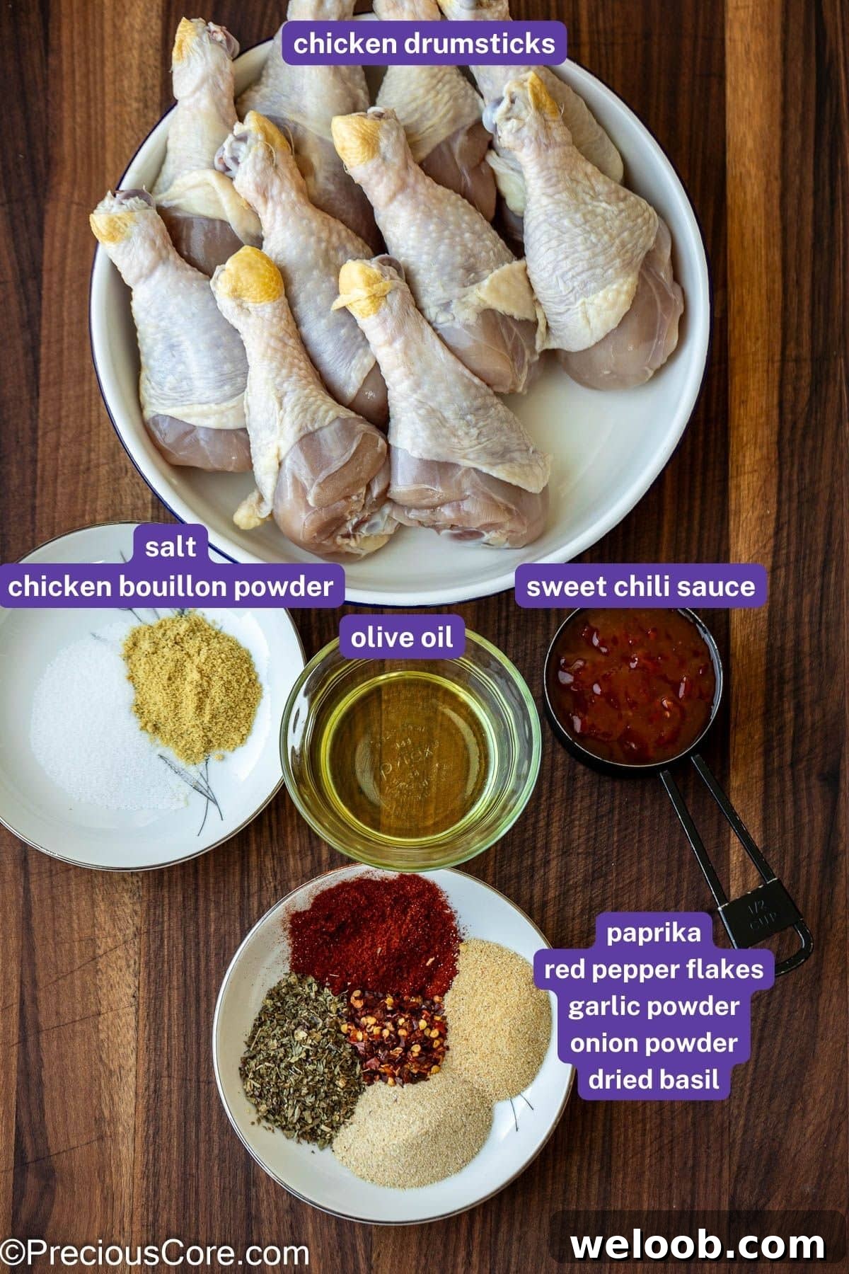 Ingredients needed to make chicken lollipops with drumsticks.