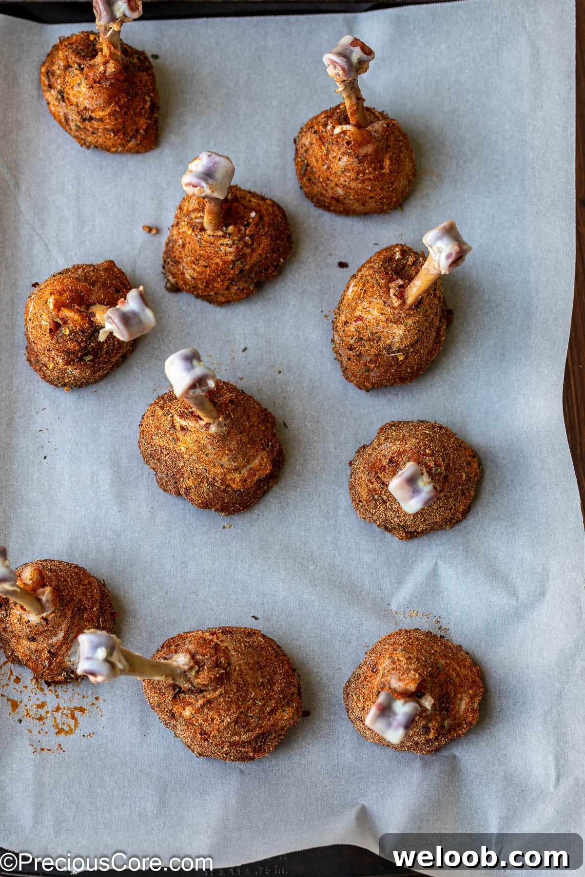Seasoned lollipop chicken drumsticks standing upright.