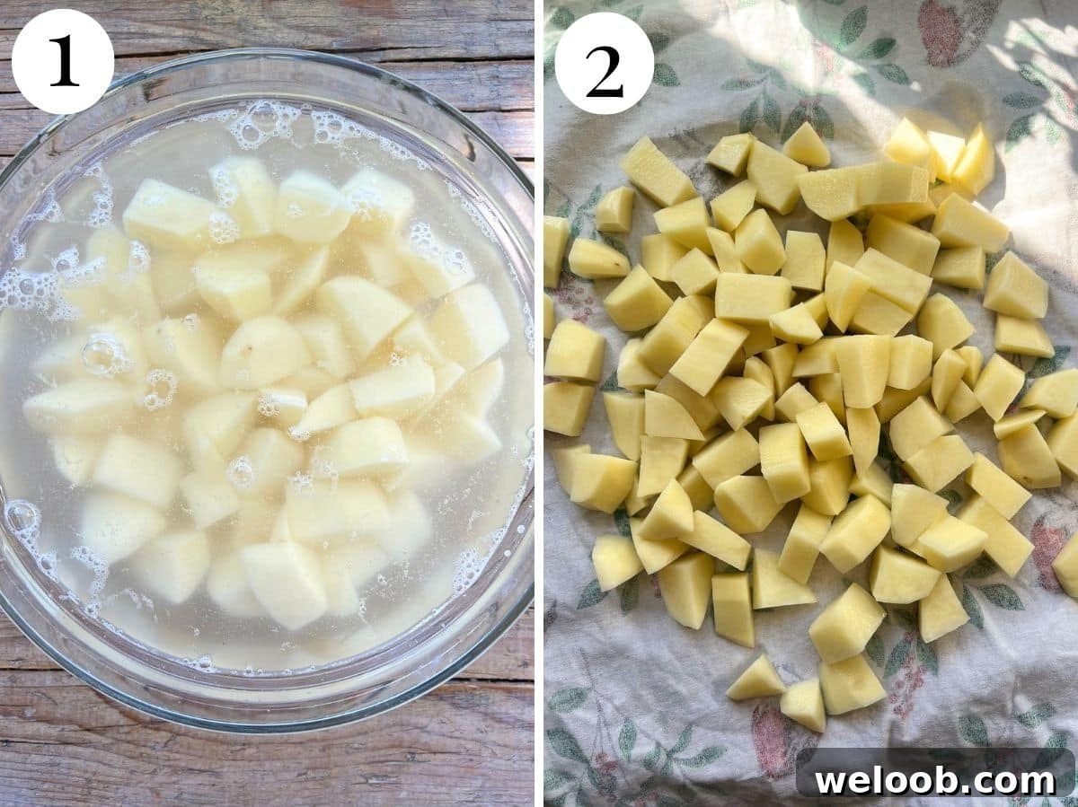 Two photos in a collage showing potatoes soaking in a bow and getting dried on a towel.