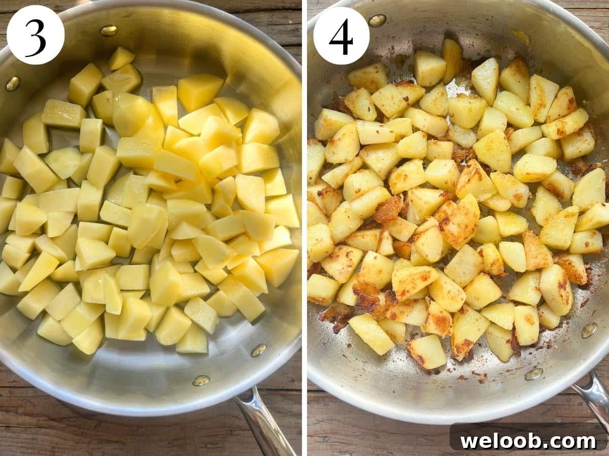 Two photos showing potatoes in a pan and slightly golden after cooking.