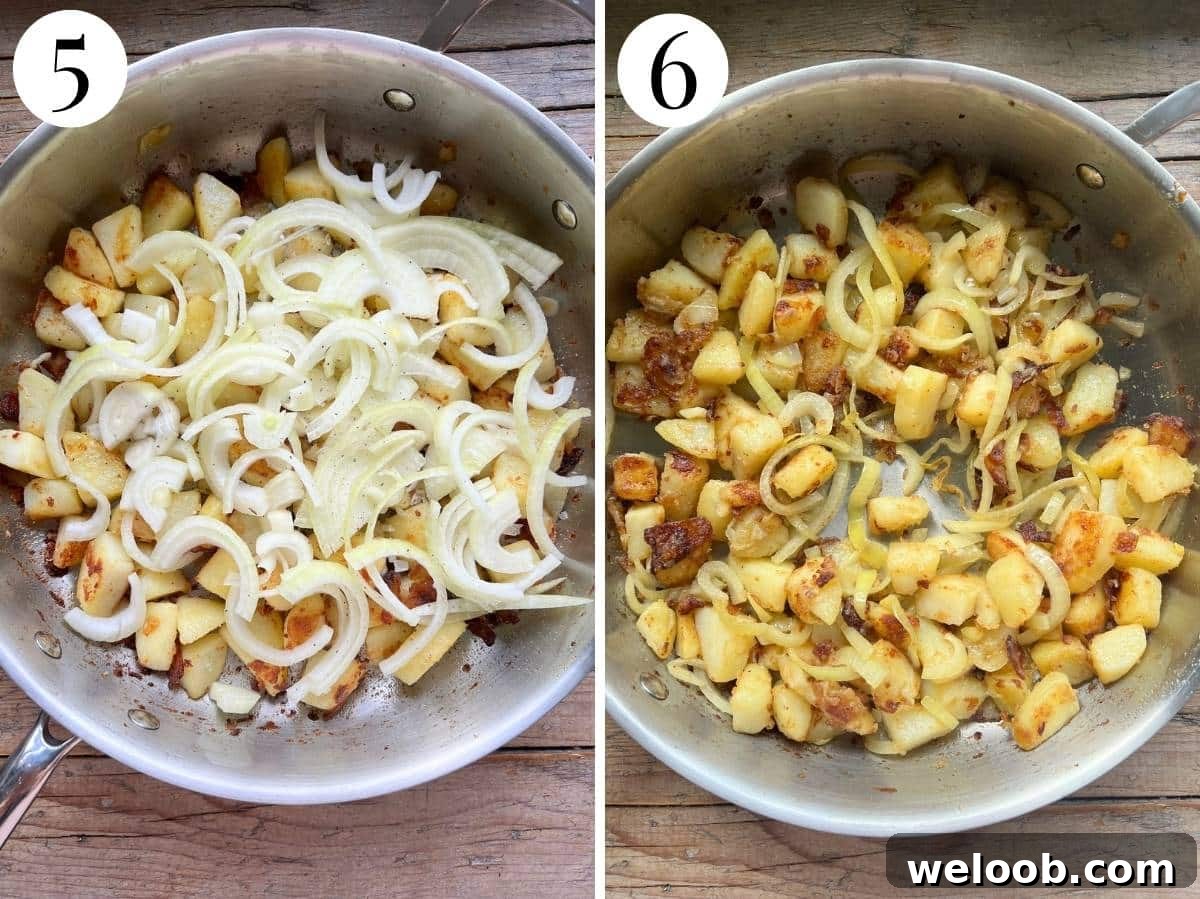 Two photos showing before and after cooking potatoes and onions.