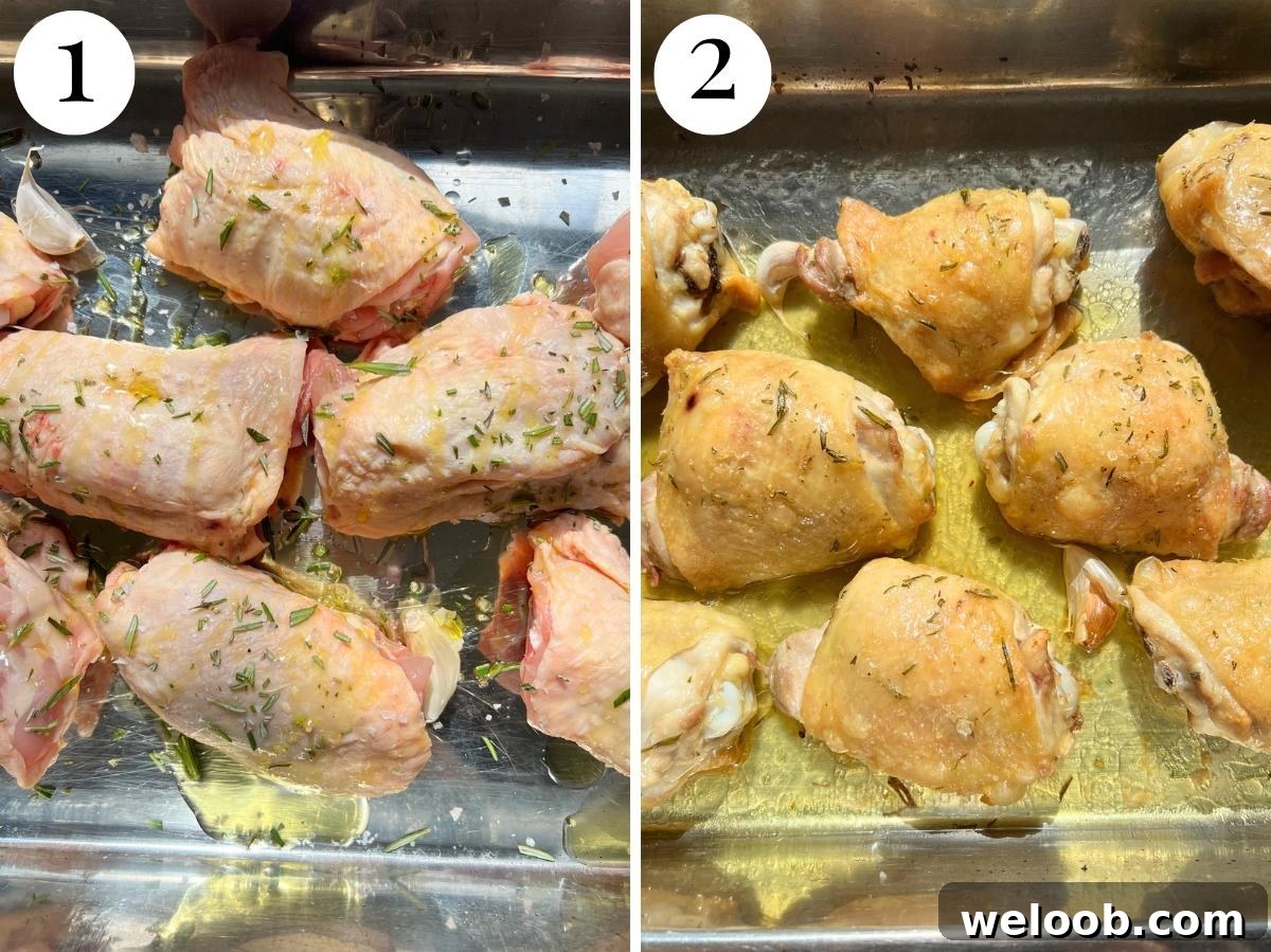 Two photos showing before and after baking chicken thighs.