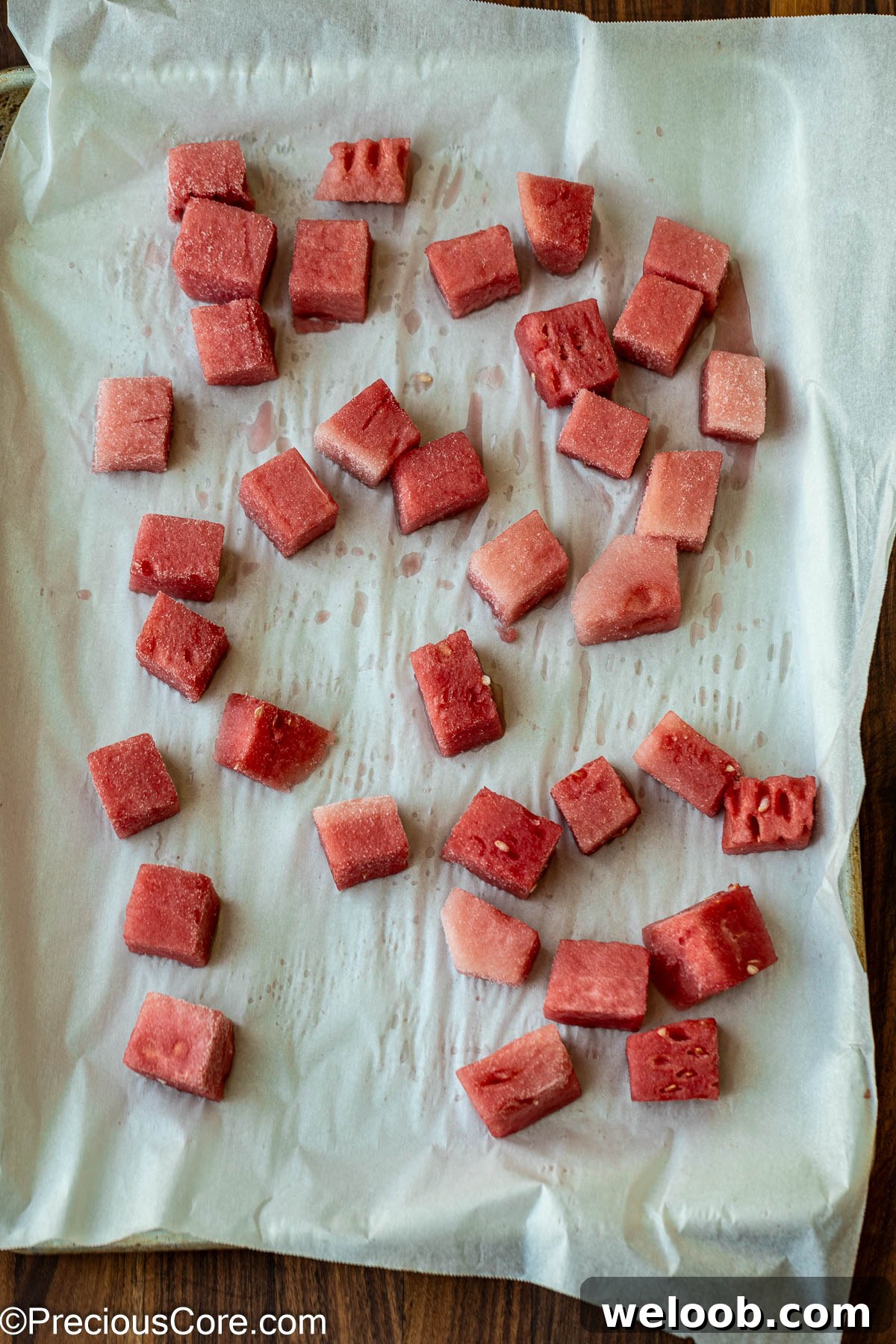 Watermelon cubes on a parchment-lined sheet pan.