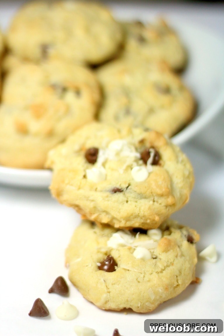 Stack of two coconut chocolate chip cookies.