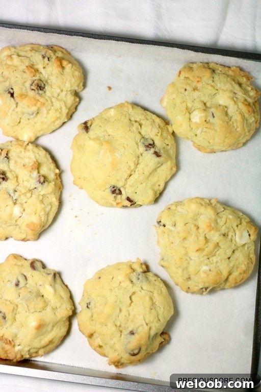 Coconut chocolate chip cookies on a lined baking sheet.