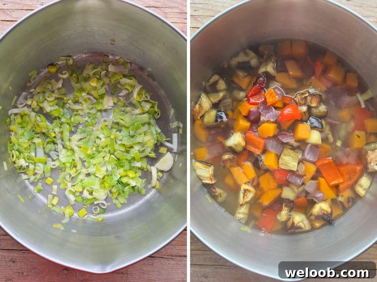 Two photos in a collage showing a sauteed chopped leek and roasted veg and stock in a pot.
