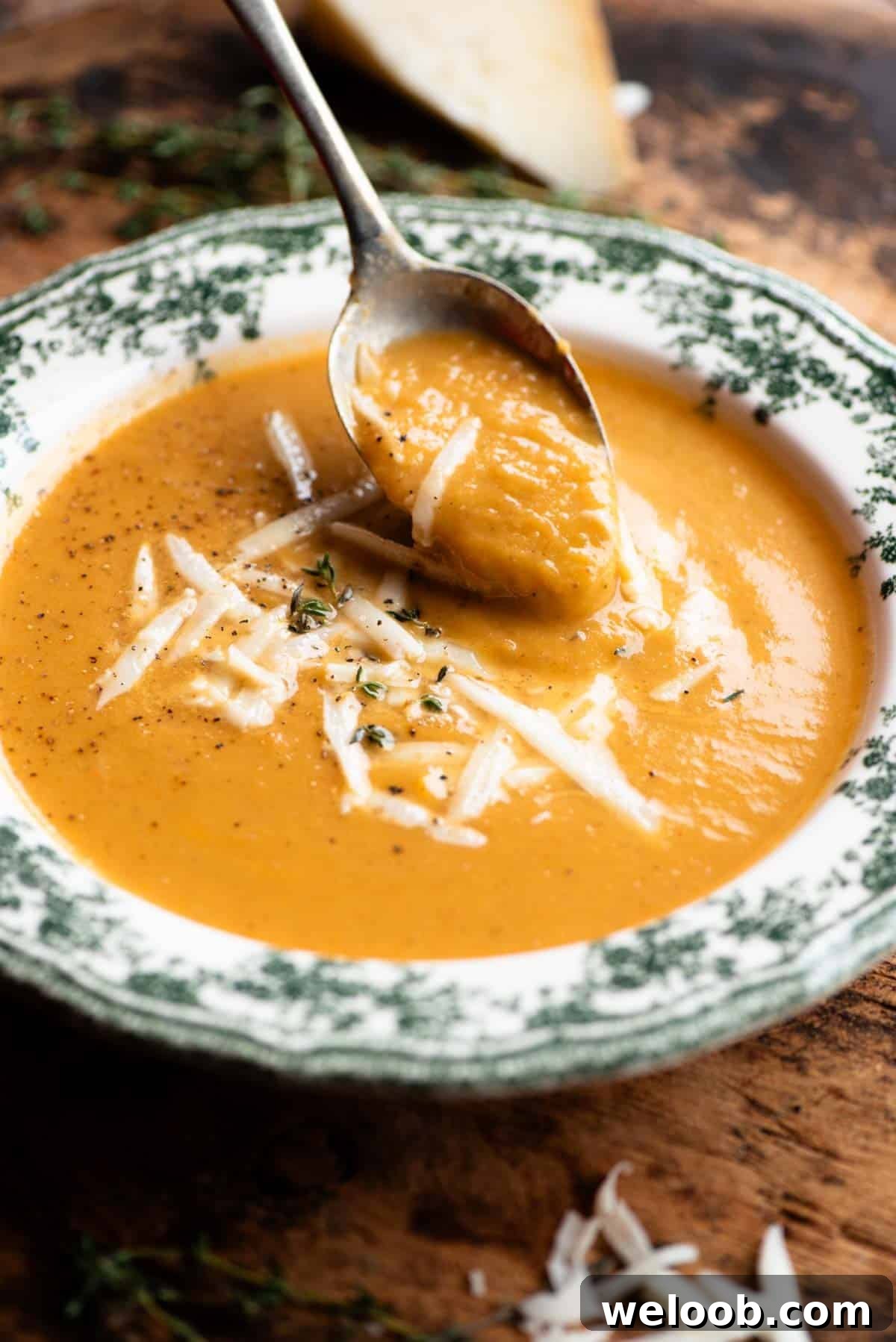 A close up of a spoon scooping up some roasted vegetable soup from a vintage style bowl.