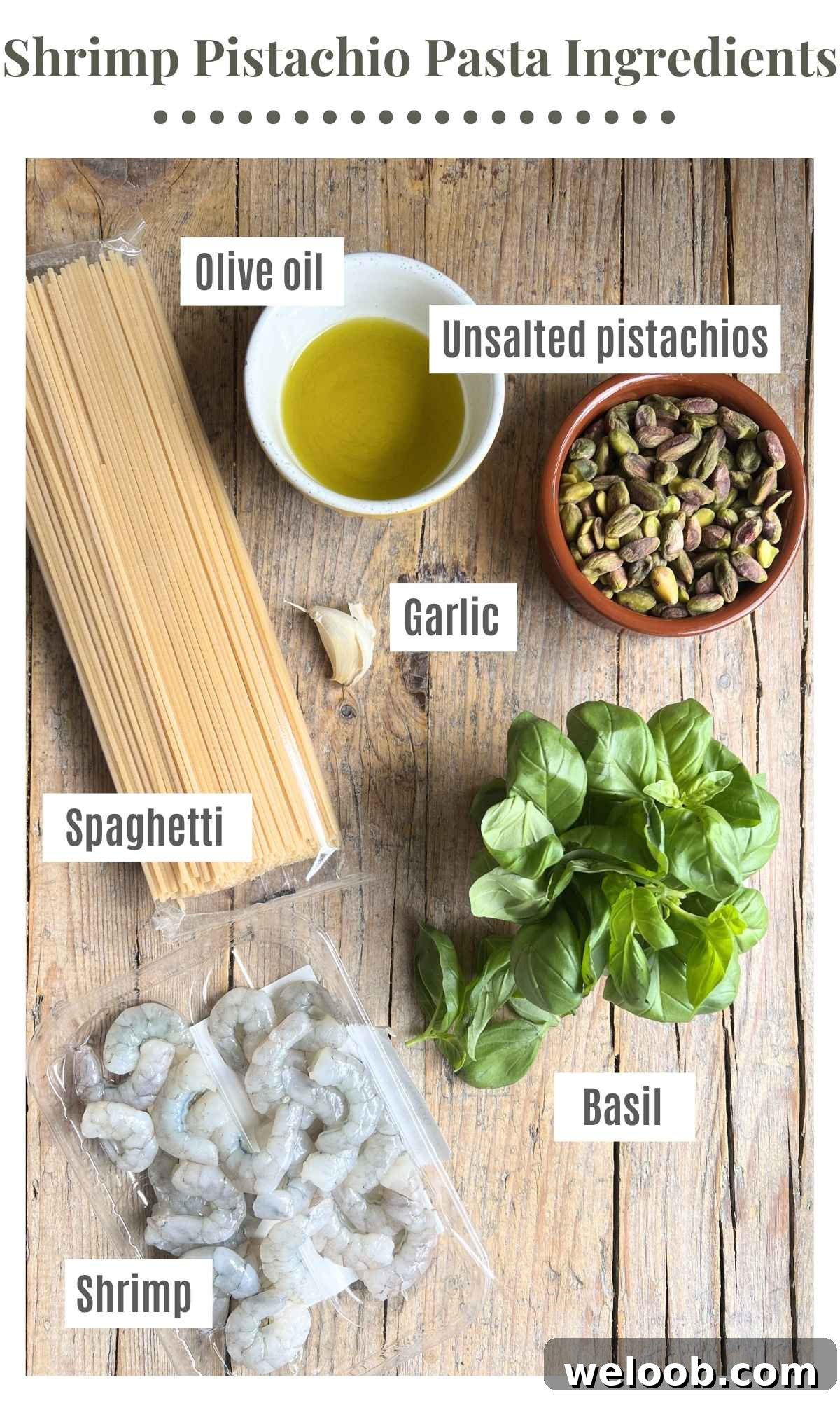An overhead shot of all the ingredients needed to make Sicilian pistachio shrimp pasta.