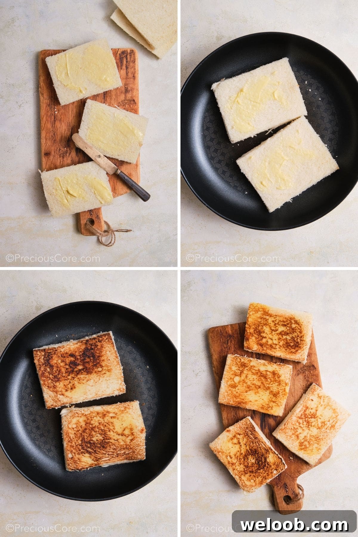 Buttering and toasting white bread for sandwiches.