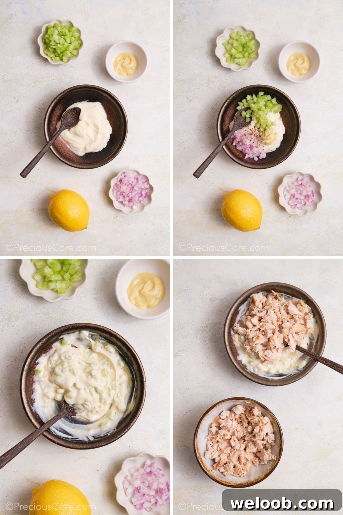 Making a creamy chicken mayo filling.