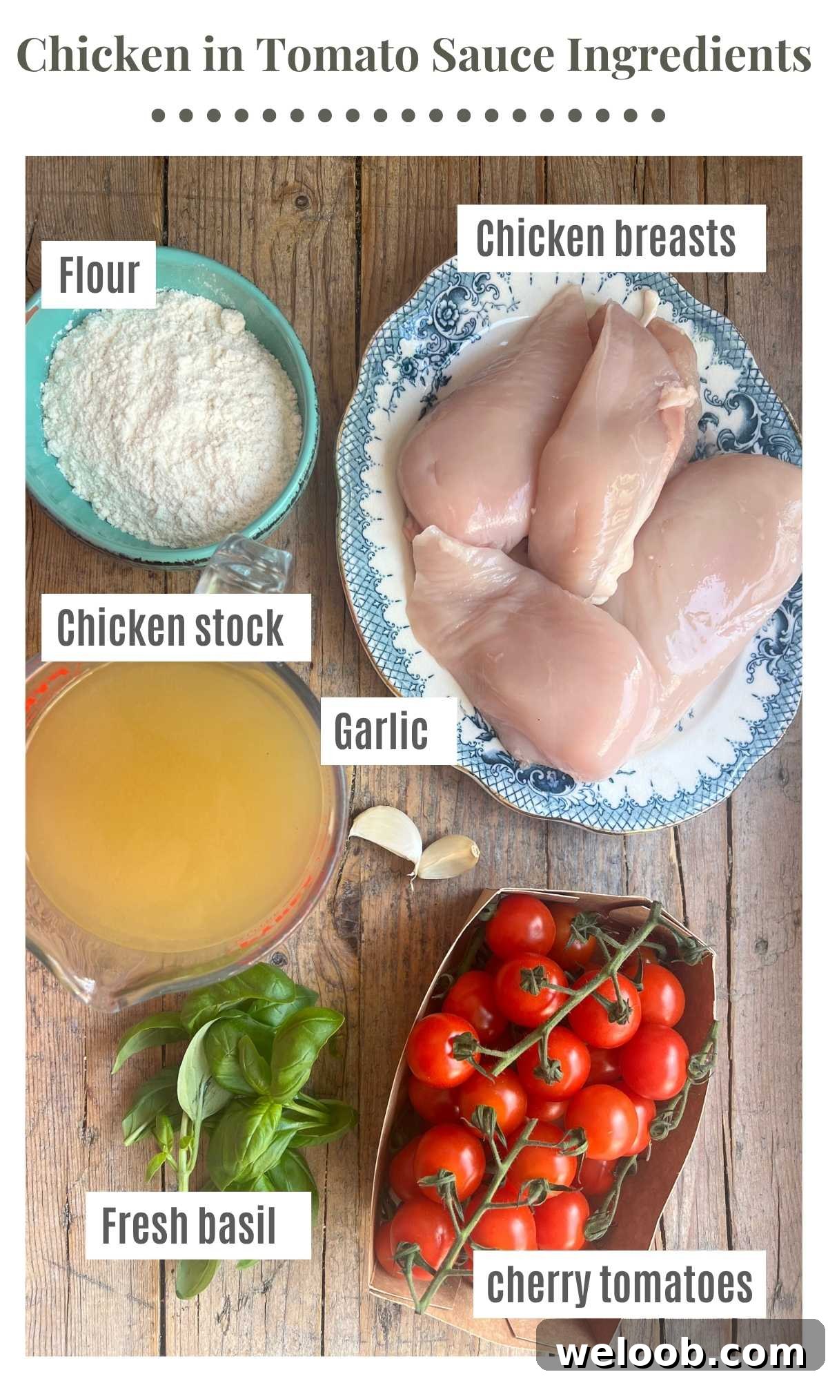 An overhead shot showing ingredients laid out on a rustic wooden board. The ingredients are labelled; flour, chicken breasts, cherry tomatoes, chicken stock, fresh basil, garlic. 