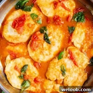 A close up of chicken cutlets in a cherry tomato and basil sauce.