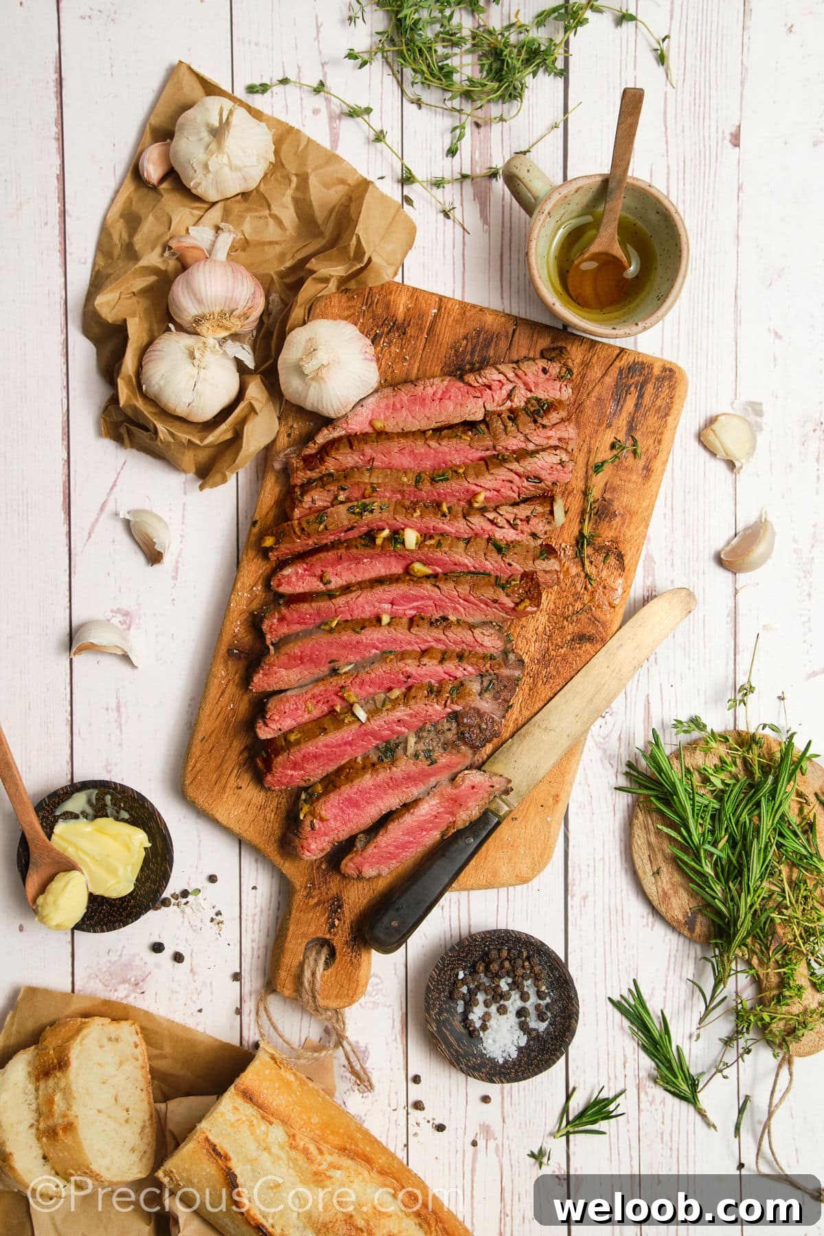 Flank steak cut against the grain.