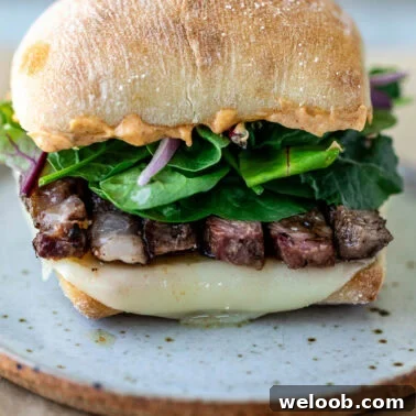 Ribeye Steak Sandwich with ciabatta bread.