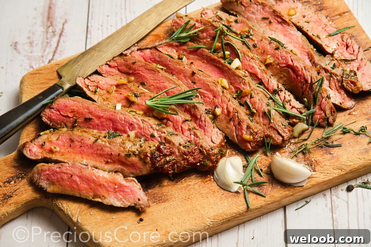 Wide shot of flank steak on cutting board.