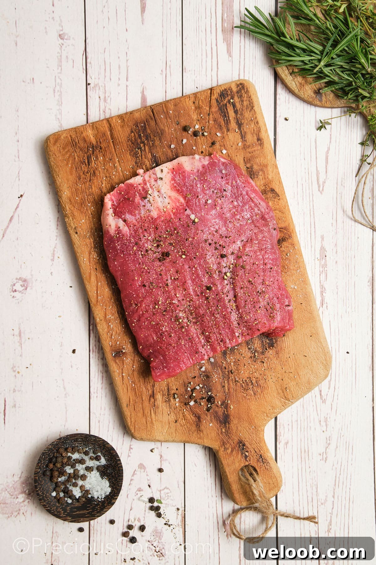 Seasoning flank steak with salt and pepper.