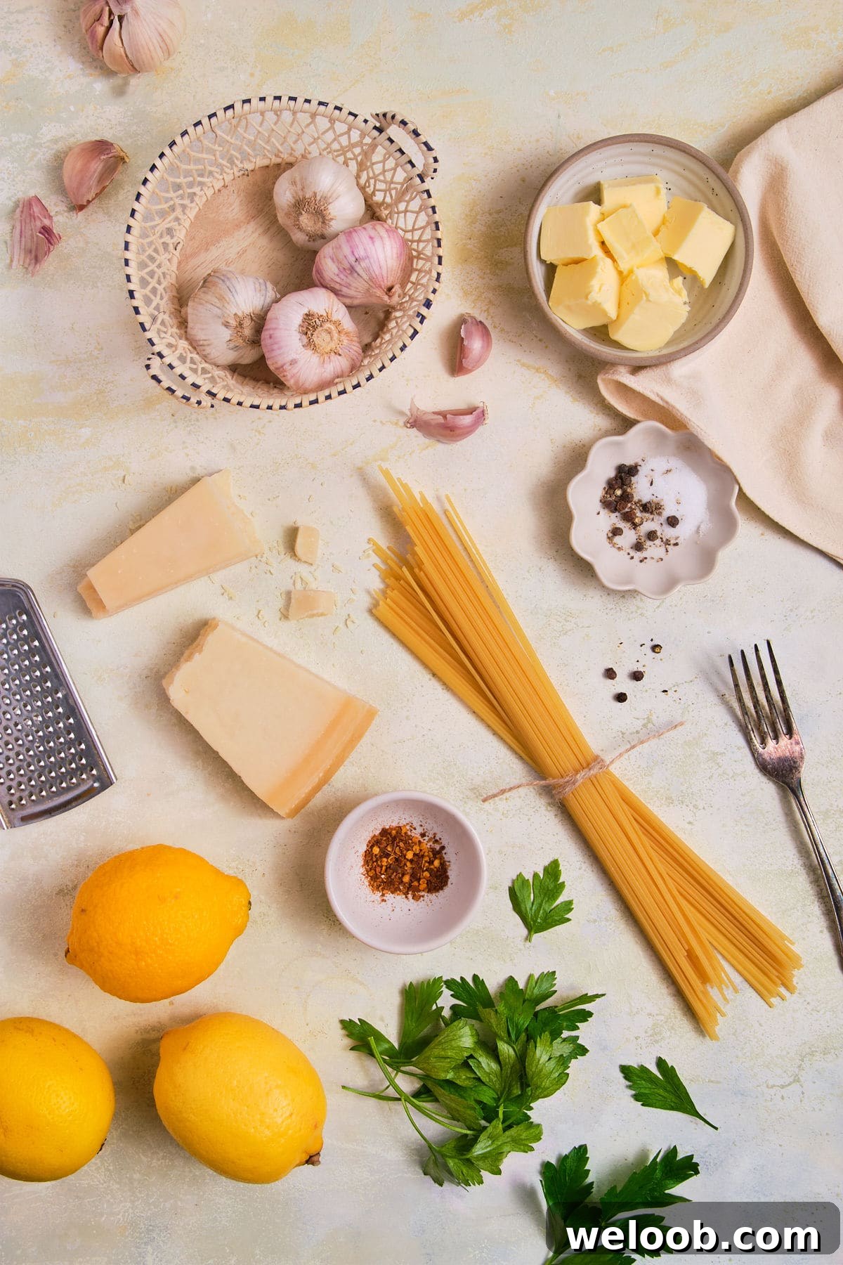 Ingredients for Lemon Garlic Butter Pasta.